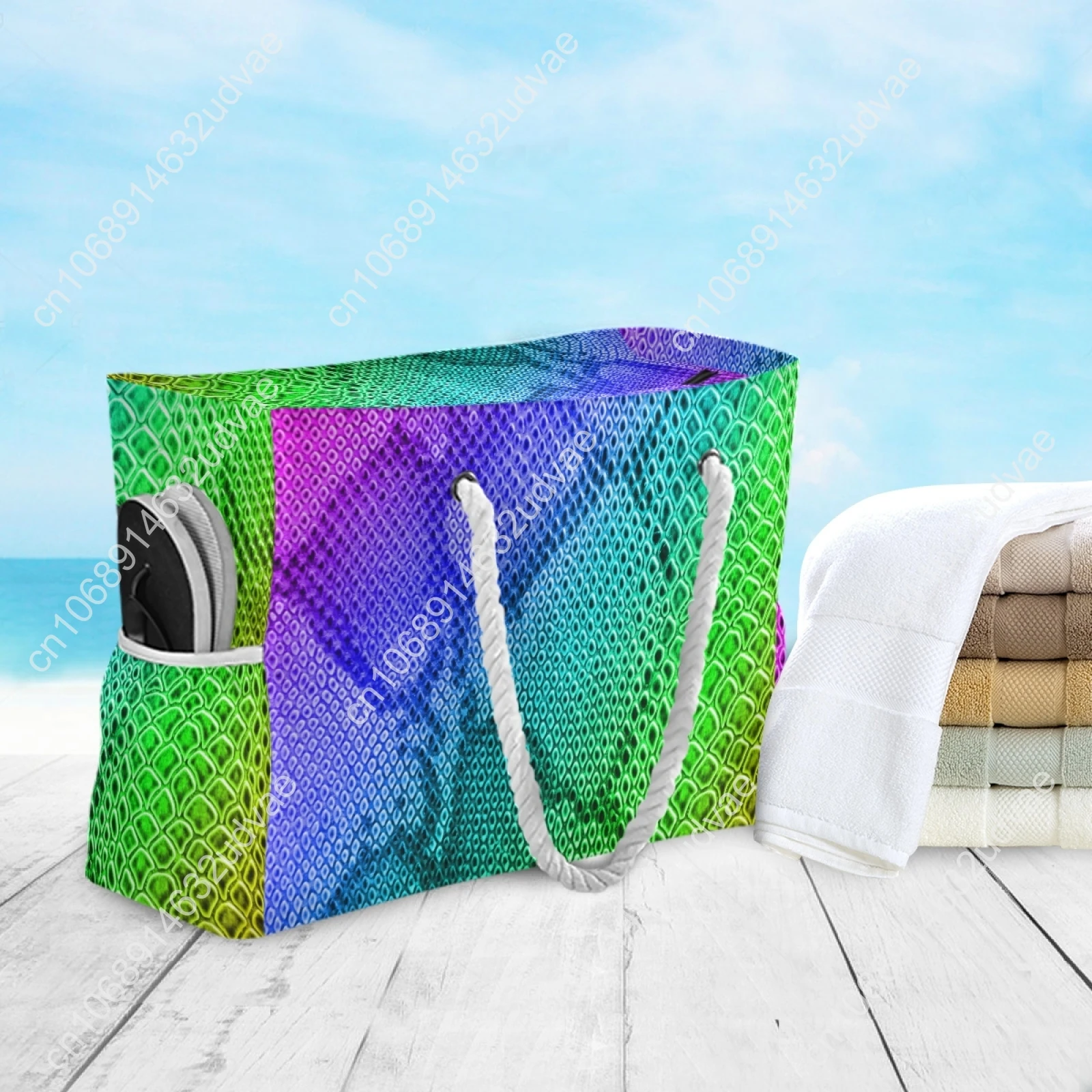 Tote Bag For Travel Beach Grocery Shopping Rope Handle Women's Reusable Cute Bags For Girls Rainbow Snake Skin Print Colorful