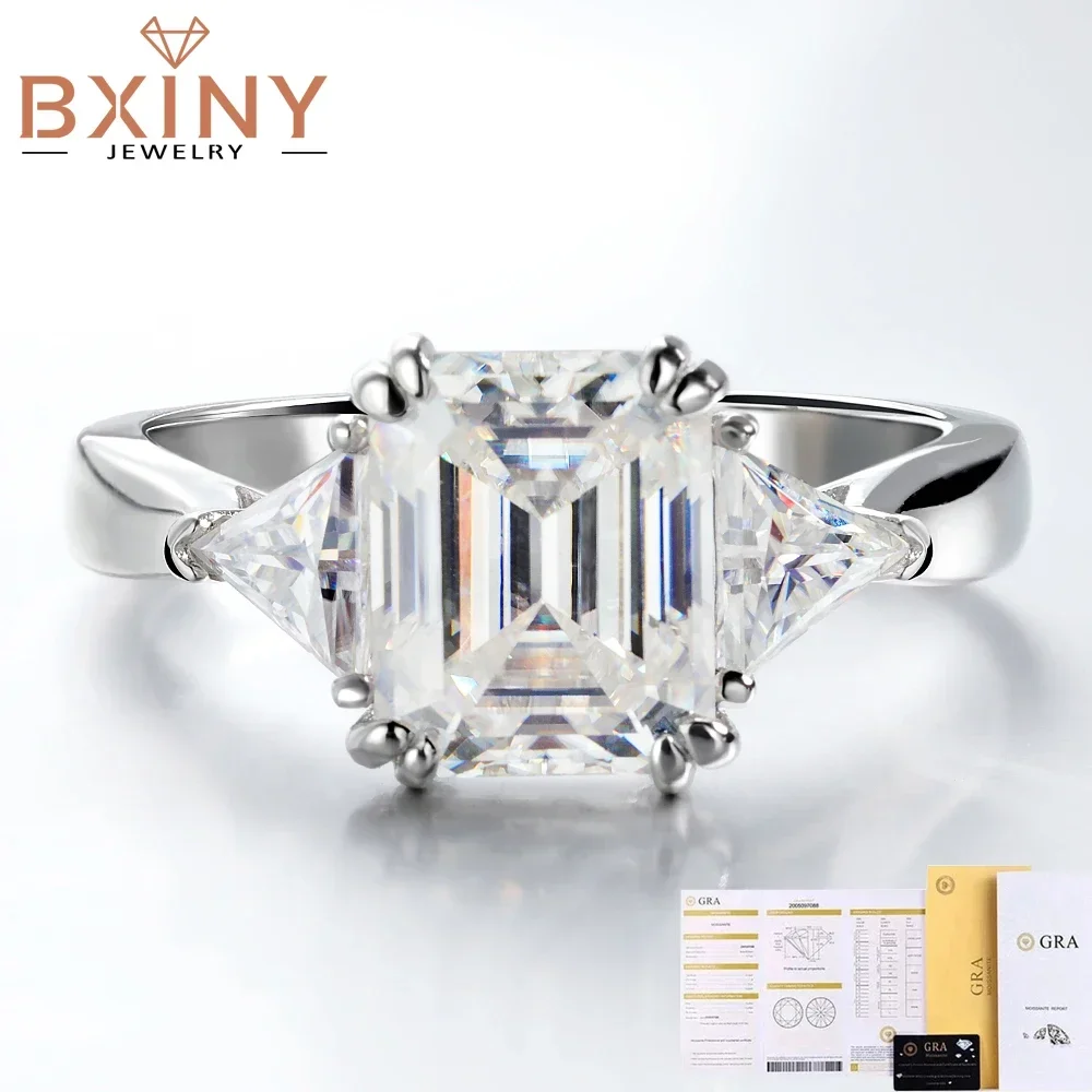 BXINY 8*10mm Emerald Cut Full Moissanite Rings S925 Silver for Women 3-Stone Lab Diamond Wedding Band Gift Jewelry GRA Certified