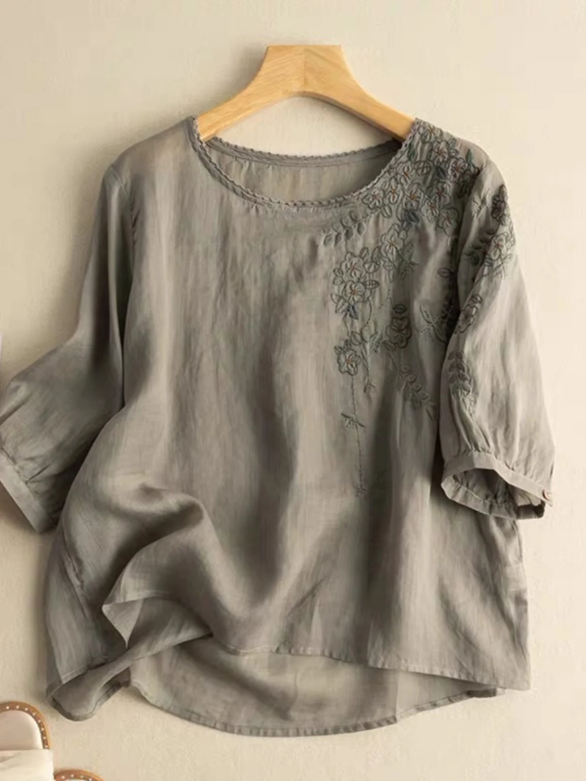 Giapponese Sle Artistico Ricamato Cotone Lino Sciolto Leggero ort Sve Donna irt Vintage Pendolarismo rotondo Ne Five...