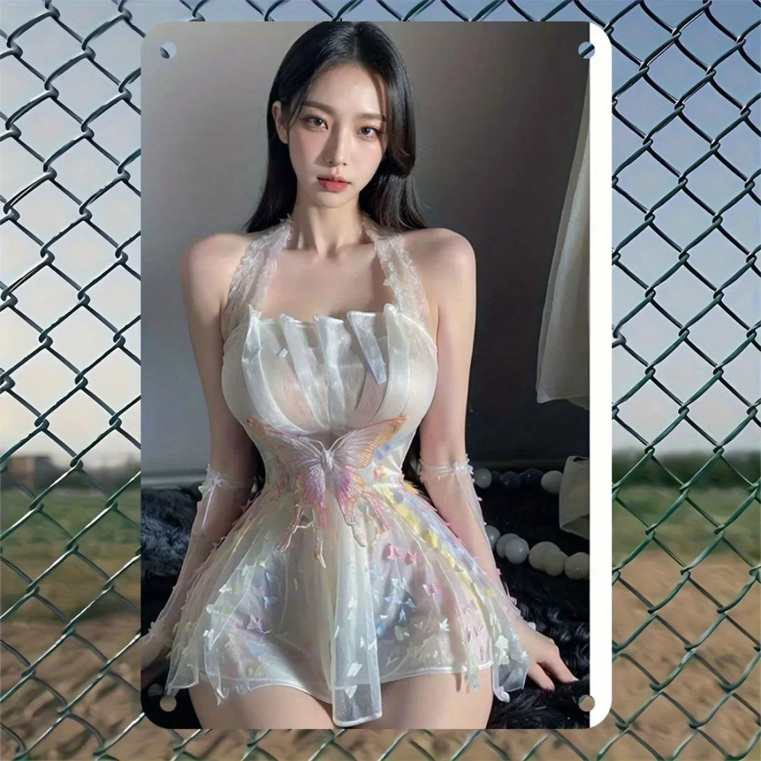 2026Gorgeous Asian Busty Model in Sheer White Halter Butterfly Dress with Lace Gloves Metal Tin Sign, Vintage Iron Painting W