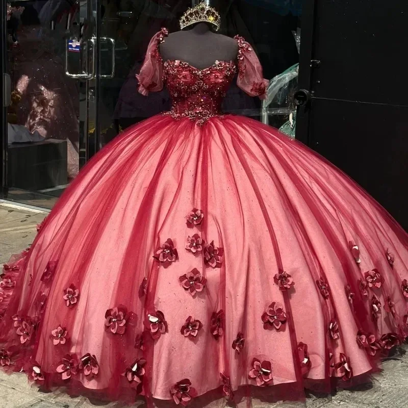 فساتين Quincenara حمراء رائعة فاخرة مع زينة زهور ثلاثية الأبعاد على شكل قلب من Vestidos De 15 Vintage Vestidos Quinceañera 2025 Moder