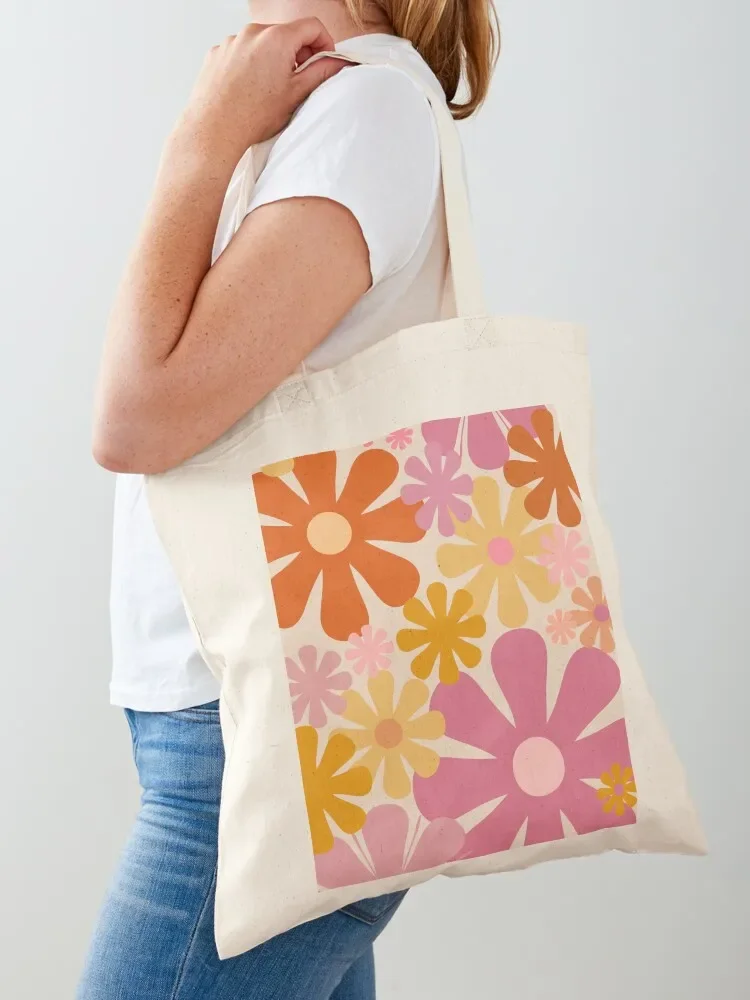 Retro 60s 70s Flowers - Vintage Style Floral Pattern in Thulian Pink, Orange, Mustard, and Cream Tote Bag Beach bag