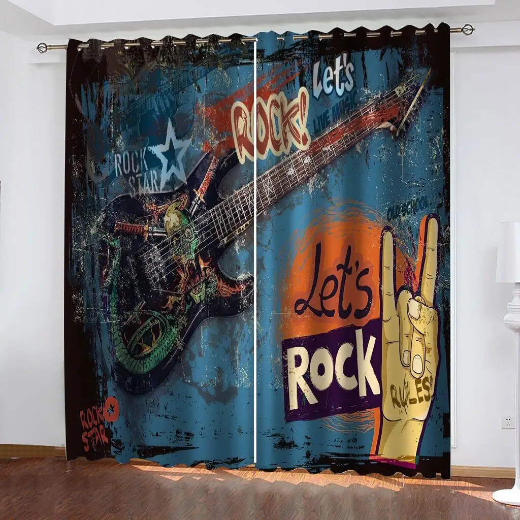 

2Pcs Rock Music Theme Curtains Guitar Pattern Living Room Bedroom Decorative Curtains Vintage Style Sun Shade Drapes