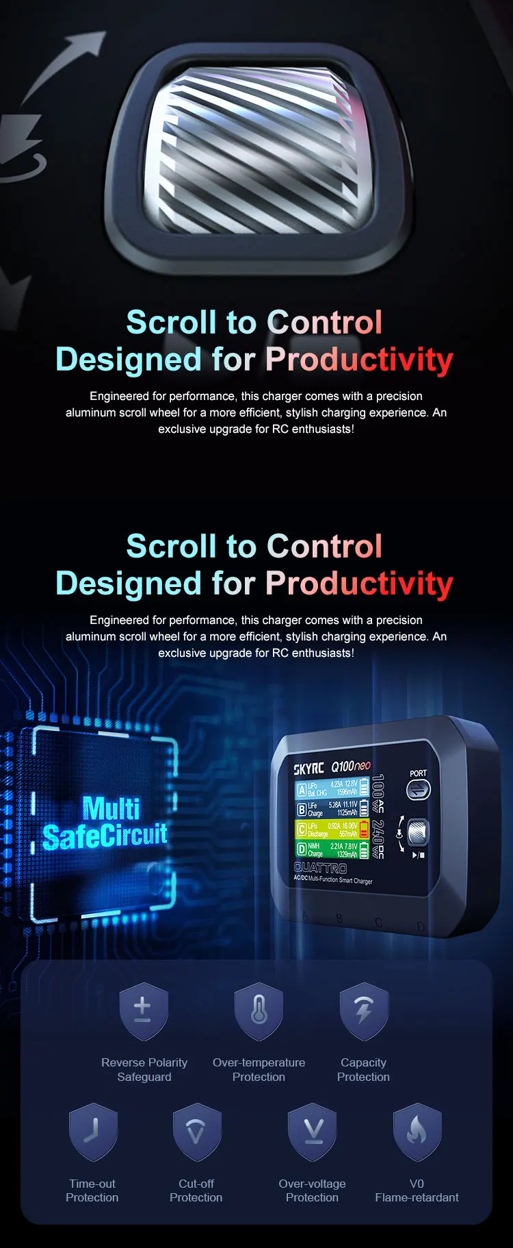 

SkyRC Q100neo 4-Channel Charger - Independent Output, 600mA Balance, 0.02V Precision for RC Drones