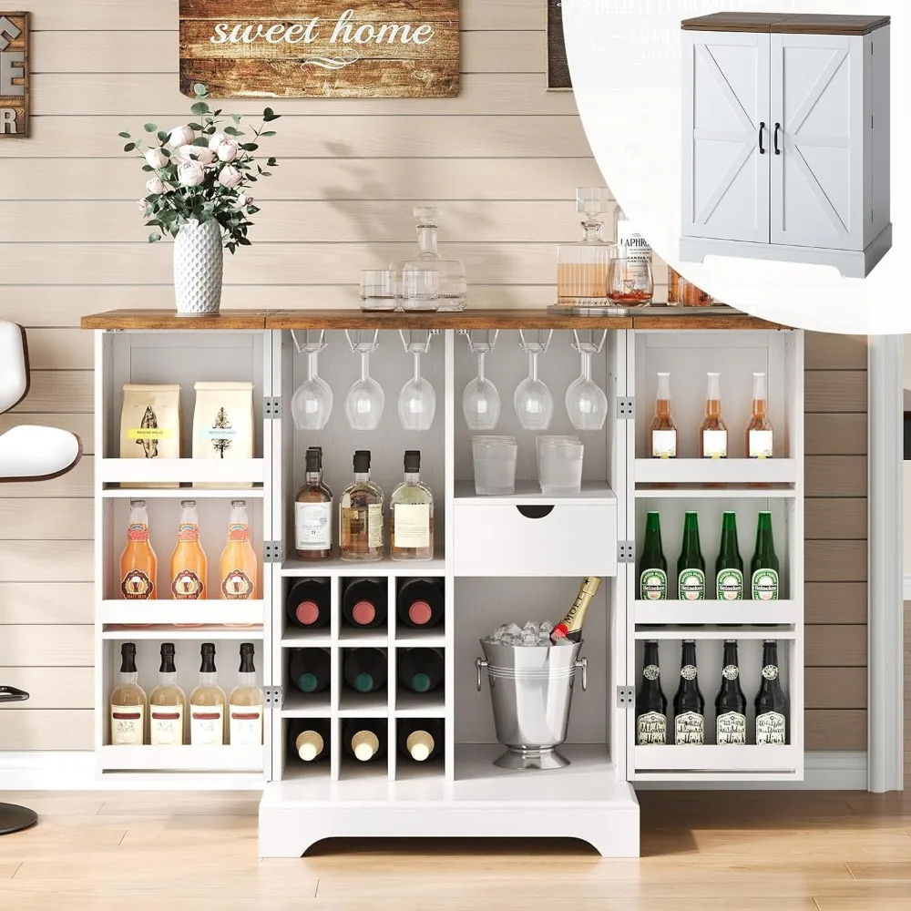 

Farmhouse Expandable Wine Bar Cabinet, 61 Home Bar Unit with Foldable Tabletop & Barn Door, Coffee Bar Cabinet with Wine & Glass