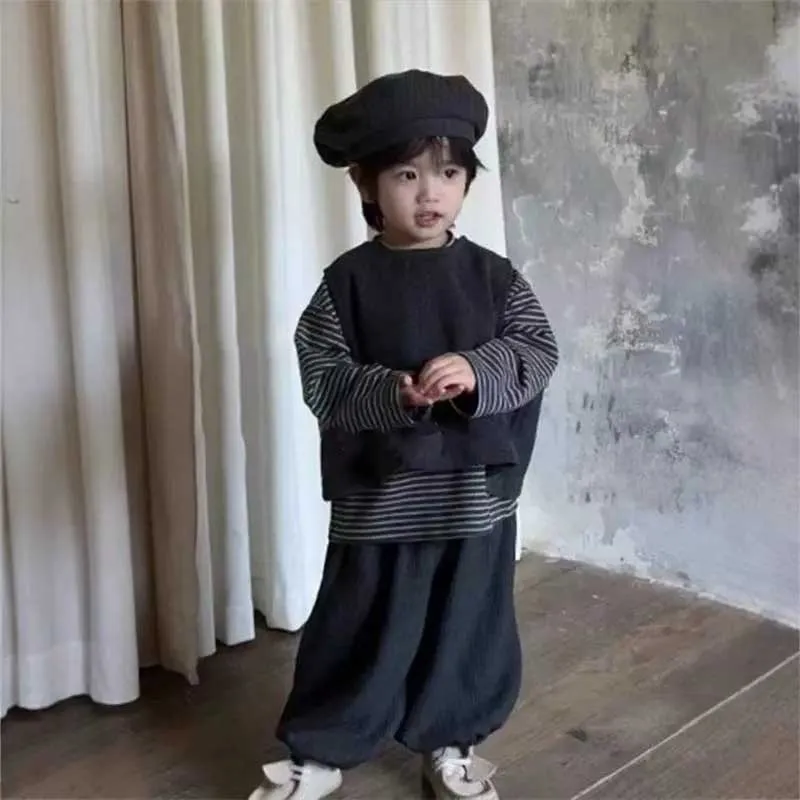 Boys and Girls' Set of Woolen Vest+base Coat+ Pants Korean Brother and Sister Outfit 2024 Autumn and Winter New Style 3Pcs Set