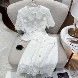 Women Elegant 2023 New Summer Lace Suit Peter Pan ShirtTop And Skirt Two Piece Set Matching Outfit Office Prom Party Clothing