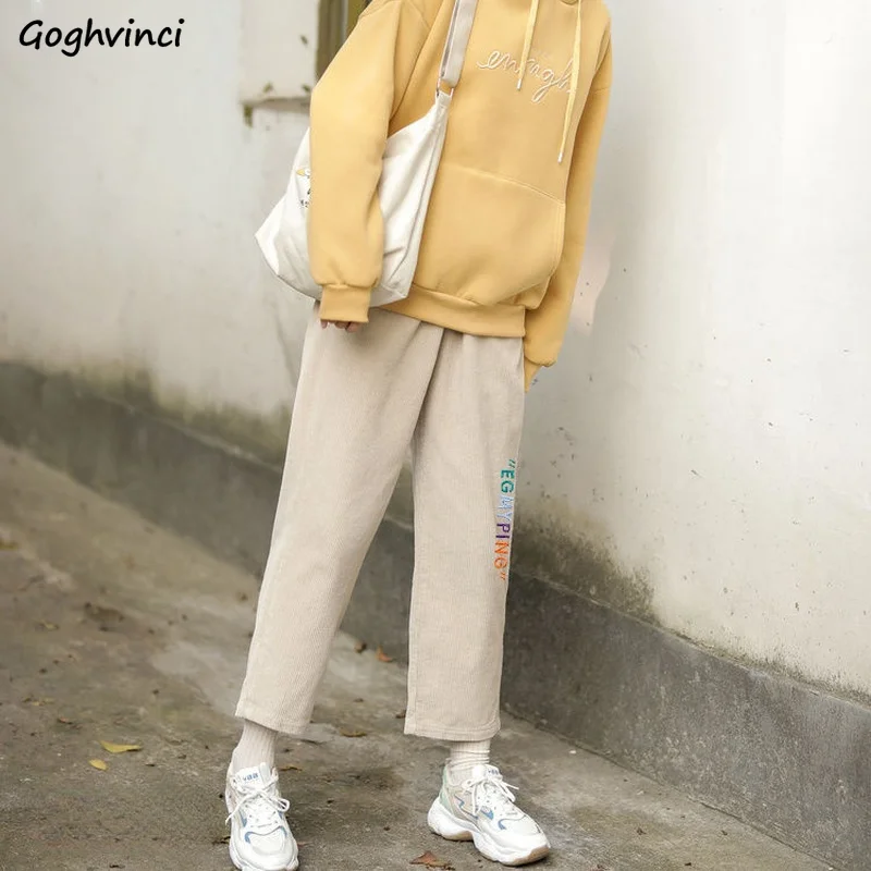Corduroy Pants Women Casual Letter Loose All-match Ankle Length Trousers Students Simple Soft New-arrival Fashion Females Daily