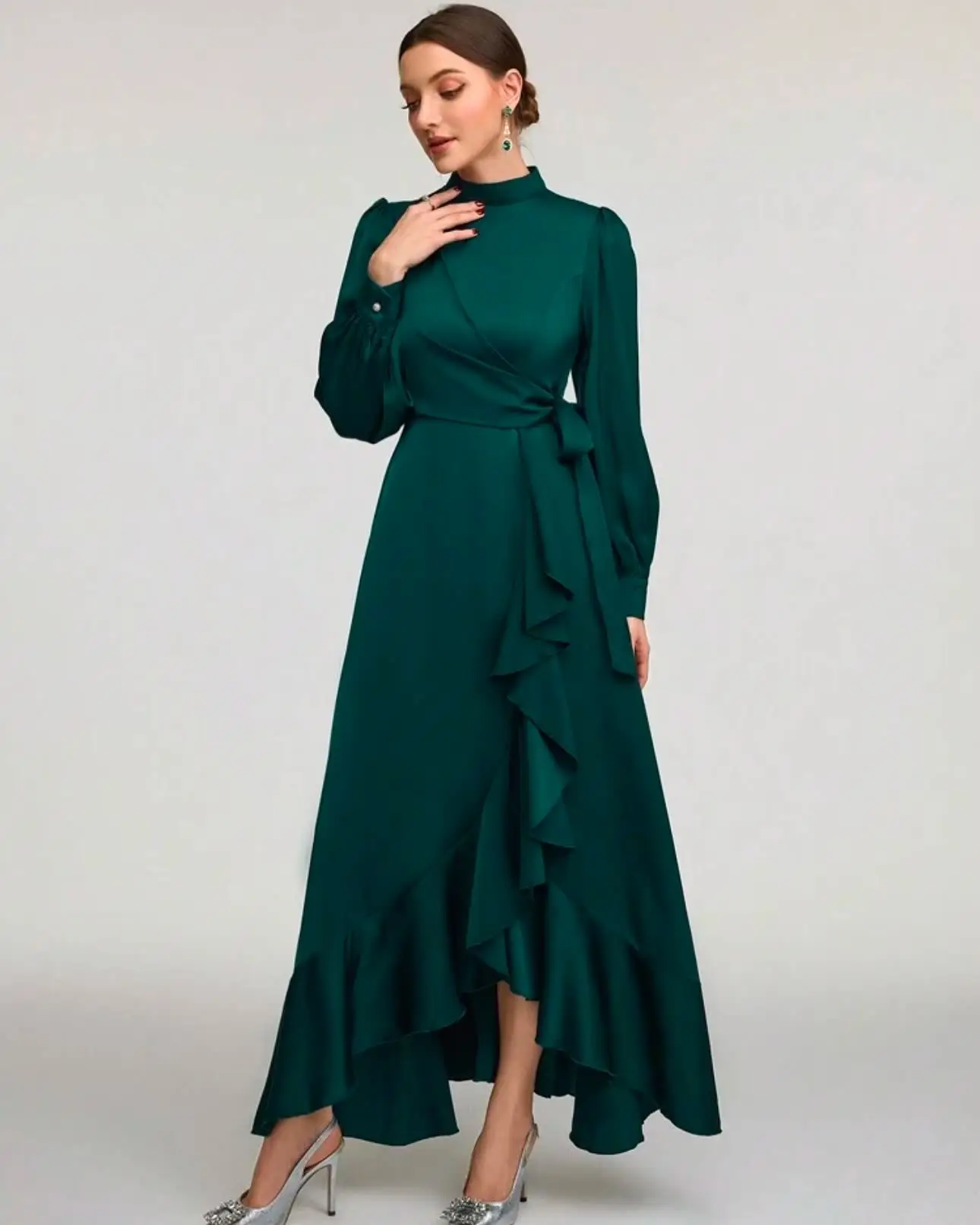 

Customized High Quality High Collar Belt Evening Dresses Graceful Ruffles Satin Long Sleeves Vestido De Festa Vestido