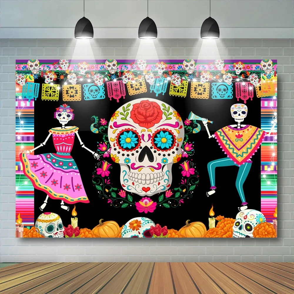 Dancer Skull Day Of The Dead Background  Party Banner Fiesta Birthday Photography Backdrop Death Pumpkin Pattern Festival Decor