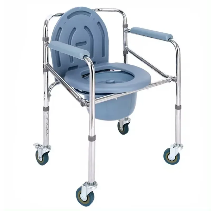 High Quality Stainless Steel Wheeled Toilet Chair Foldable and Height Adjustable for Bathroom Safety Equipment