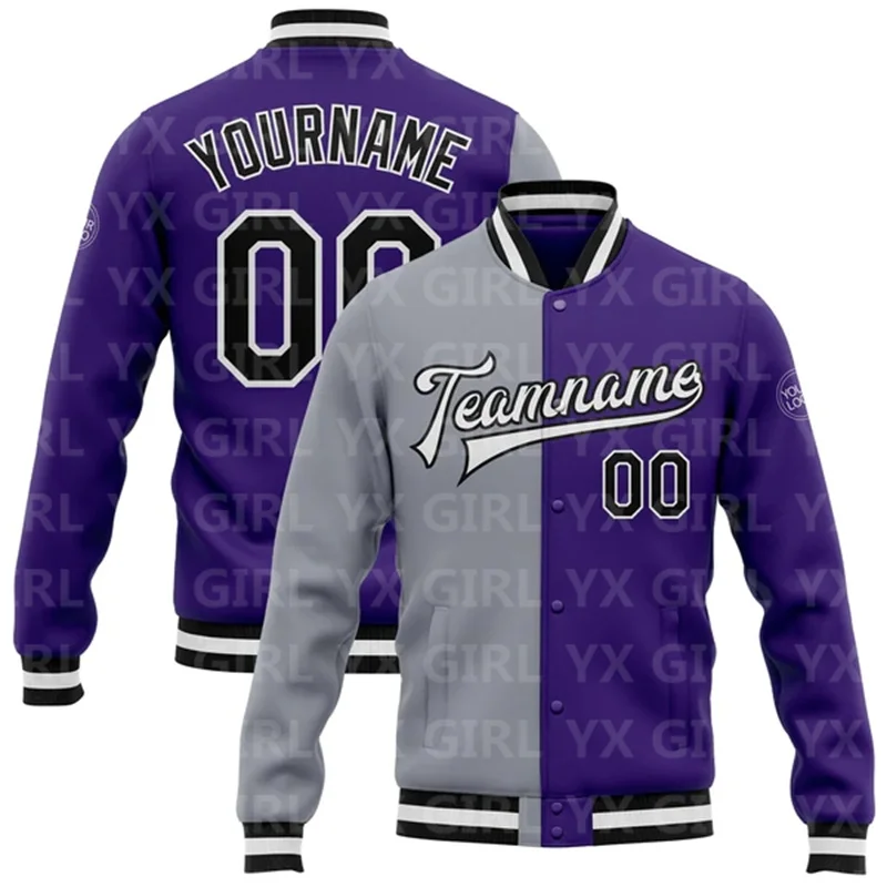 Custom Purple Black-Gray Bomber Full-Snap Varsity Letterman Split Fashion Jacket 3D Printed Baseball Button Jacket