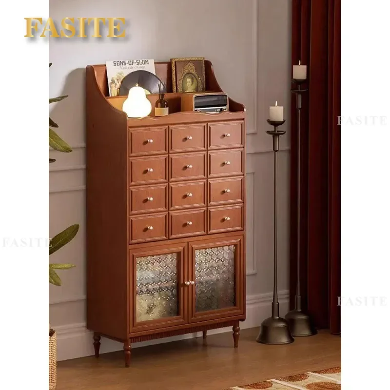 Solid Wood Side Cabinet Living Room Multi Layer Storage for Magazines Multifunctional Traditional