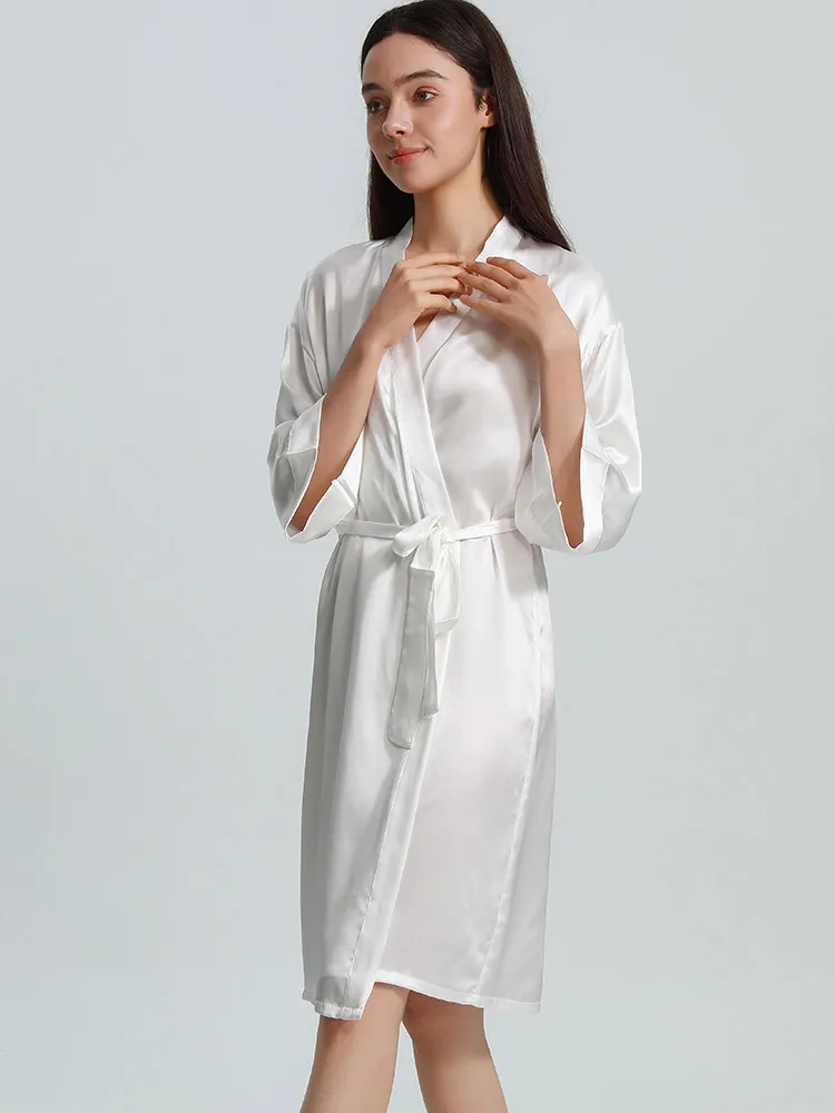 Women 100% Mulberry Silk Bridal Robe Solid Color Kimono Bathrobe Mid Length Belted Wedding Morning Gown Loungewear Summer Pajama