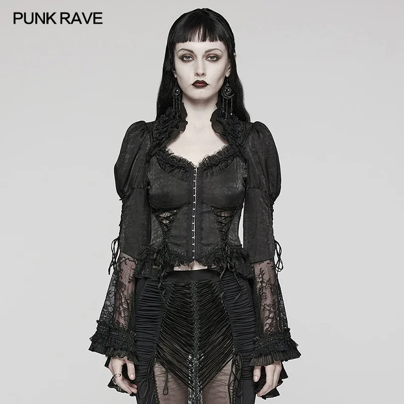 

PUNK RAVE Women's Gothic Elegant Flare Cuffs Gorgeous Shirt Palace Style Adjustable Tightness Lace Blouse Women Tops