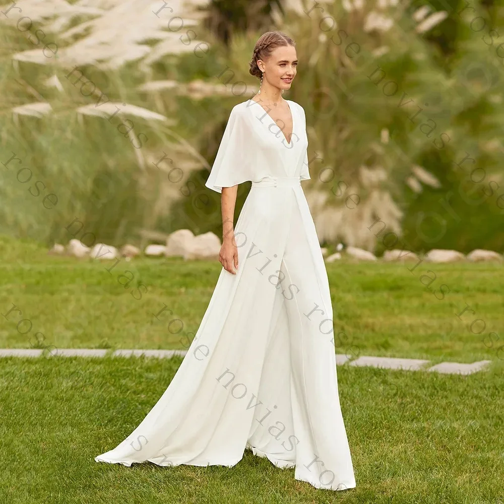 Customized 2026 V Neck Chiffon Jumpsuit Wedding Dress Wide Leg Pants with Detachable Train Boho Bridal Gown Beach Ceremony