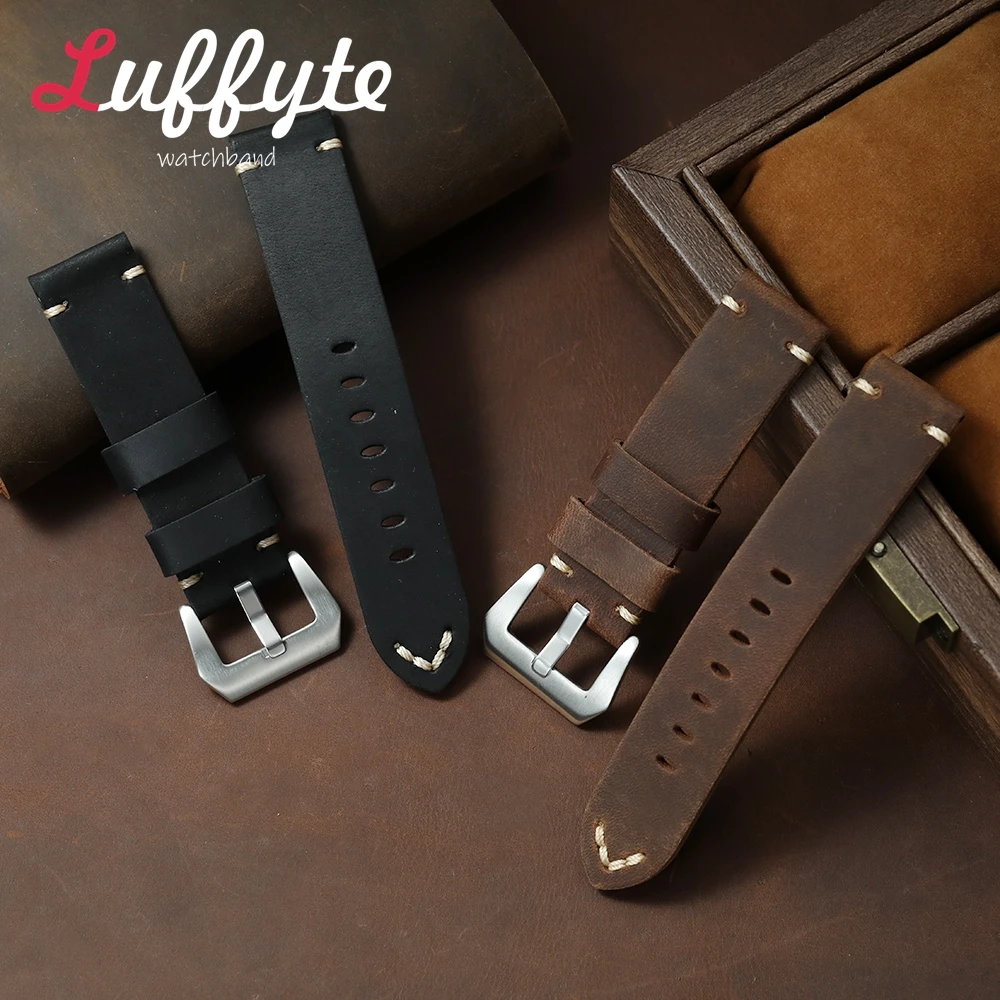 

Thick Crazy Horse Leather Watch Strap 20mm 22mm 24mm Replacement Watch Band Black Brown with Stainless Steel Buckle Wrist Belt
