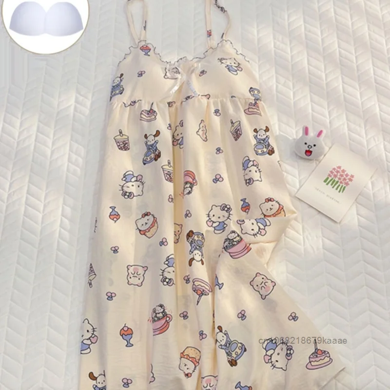 Sanrio Hello Kitty Cute Cartoon Printed Sleepwear Female Summer New Sweet Slip Dress Korean Style Y2k Girl Fashion Home Clothes