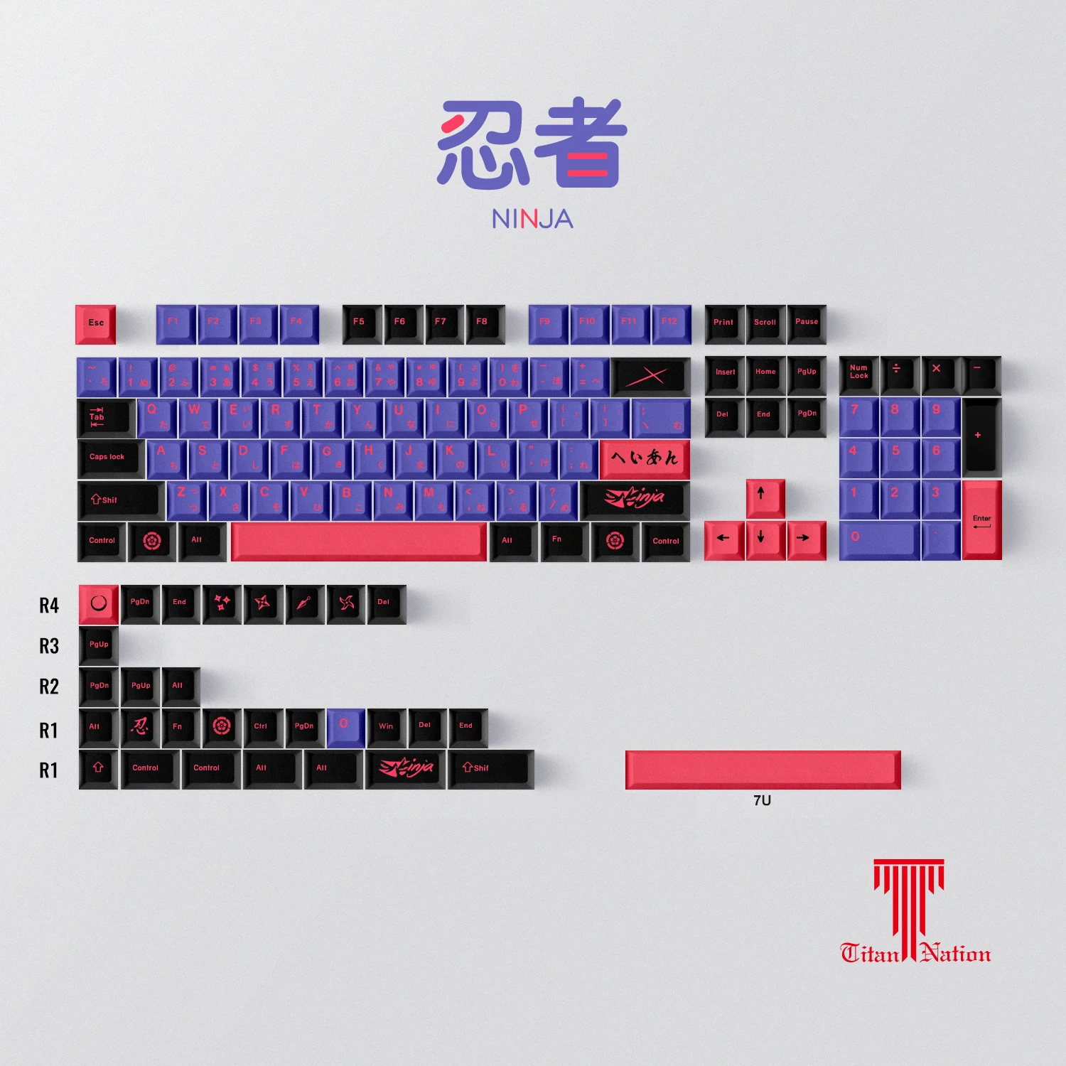 Titan Nation Ninja 134 Key Caps Keycap Original Profile All Side Thermal Sublimation for Customized Mechanical Keyboard Part PBT