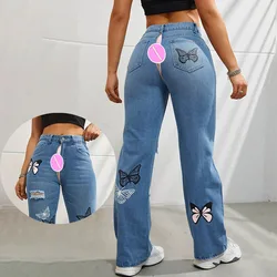 Pantalones vaqueros invisibles con entrepierna abierta, Jeans rasgados de estilo Boyfriend, a la moda, de cintura alta