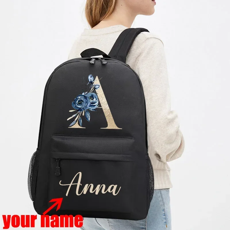 Nome personalizado Mochila inicial para meninas, mochila escolar, mochila com design de carta, mochila pré-escolar para crianças, berçário, rosa e dourada