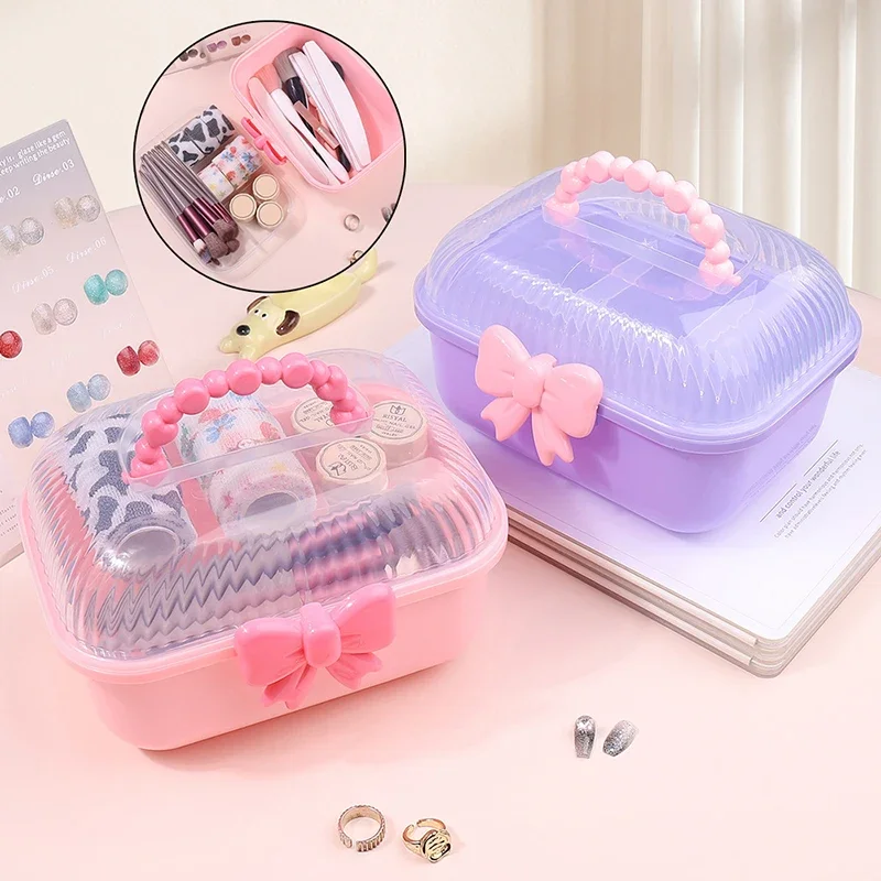 1Pc Double Layer Bow Plastic Nail Brush Tie Hairpin Storage Jewelry Children's Hair Accessories Organizer Portable Nail Tool Box