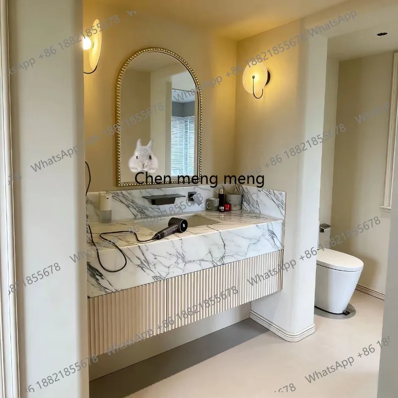 Customized French cream  bathroom cabinet combination bathroom luxury stone sink washbasin solid wood smart bathroom cabinet