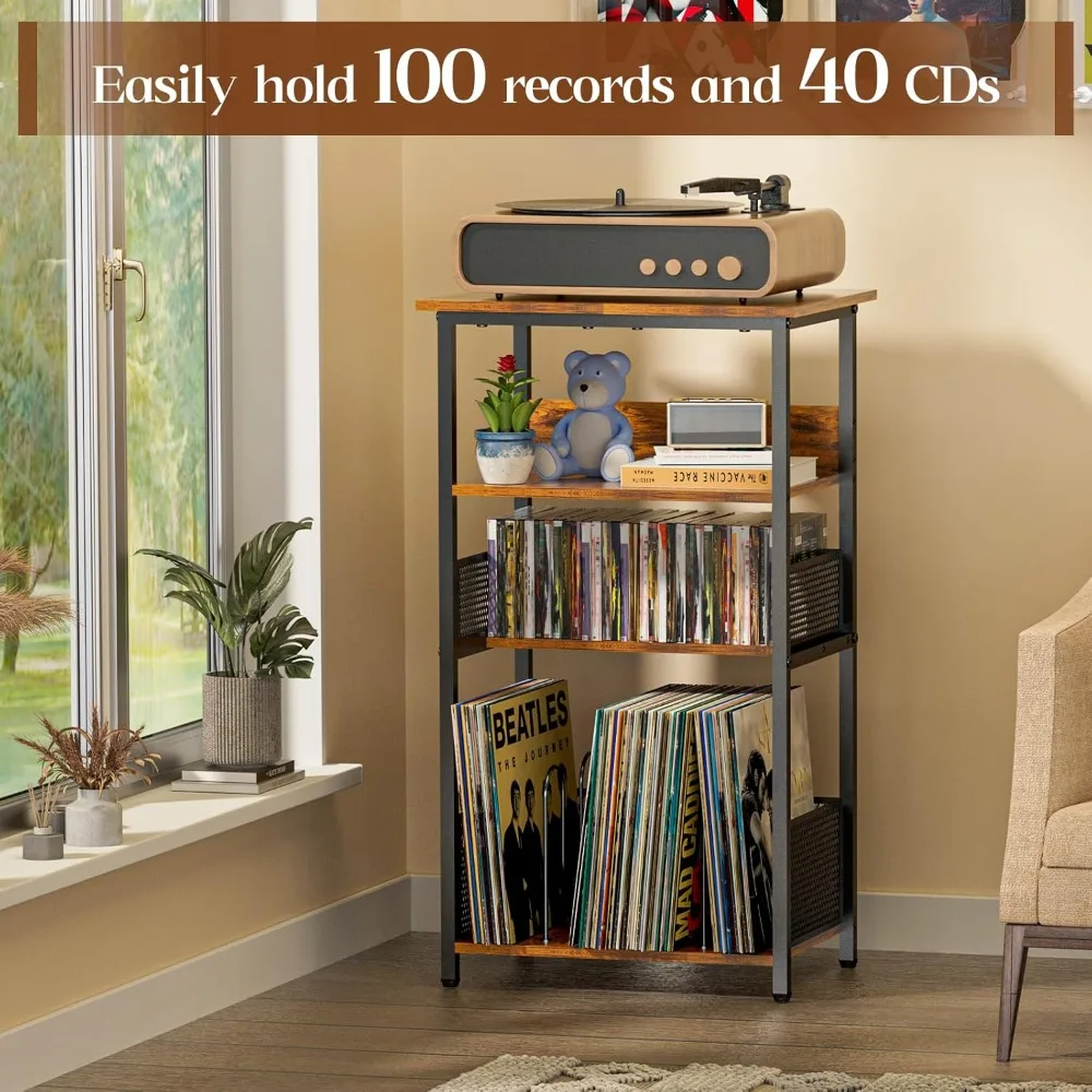 حامل مشغل مع مساحة تخزين تصل إلى 100 ألبوم و40 قرص مضغوط، وحدة تخزين تسجيلات الفينيل من 4 طبقات لغرفة المعيشة، وحامل القرص الدوار #4