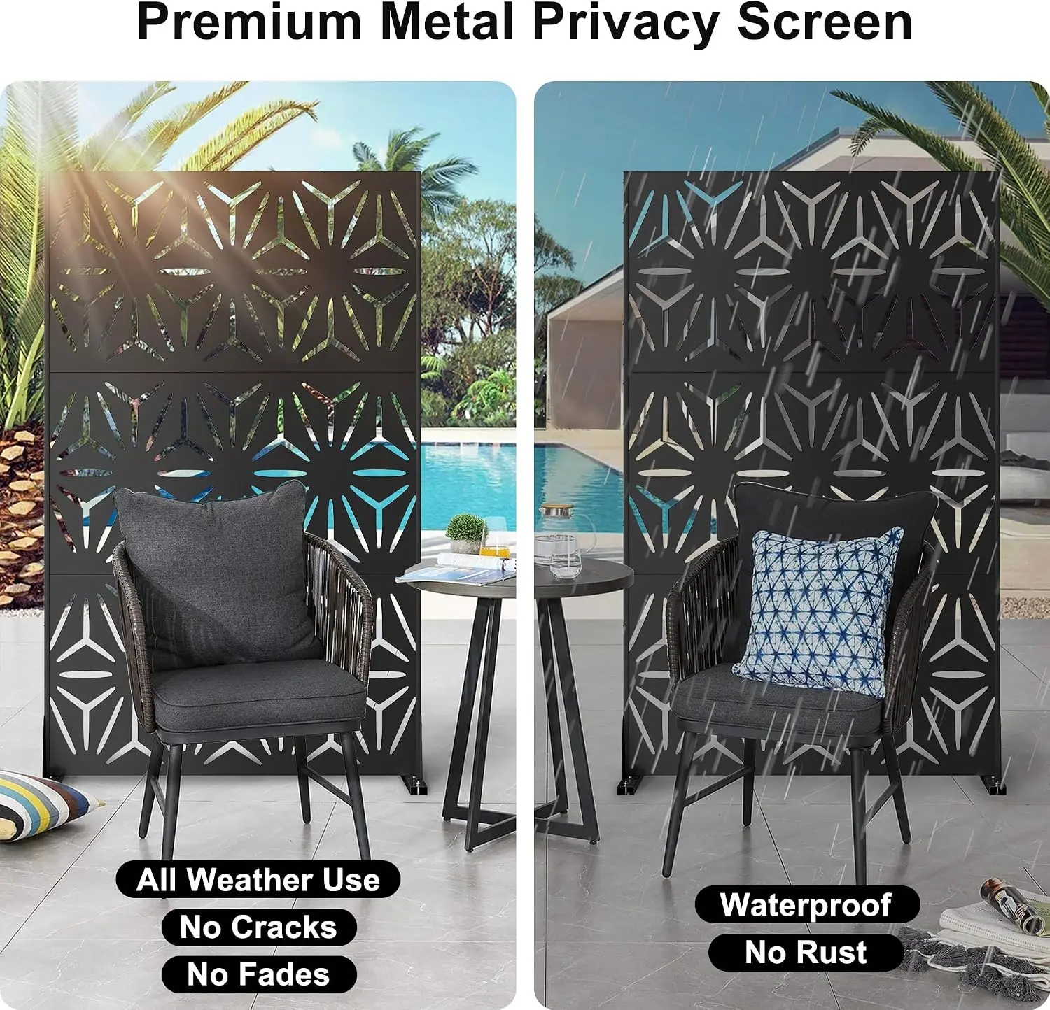 Freestanding Metal Privacy Screen 72 in H X 44 in W, Laser-Cut Galvanized Steel Outdoor Divider for Deck, Balcony, Patio, Garden & Indoor Use view 6