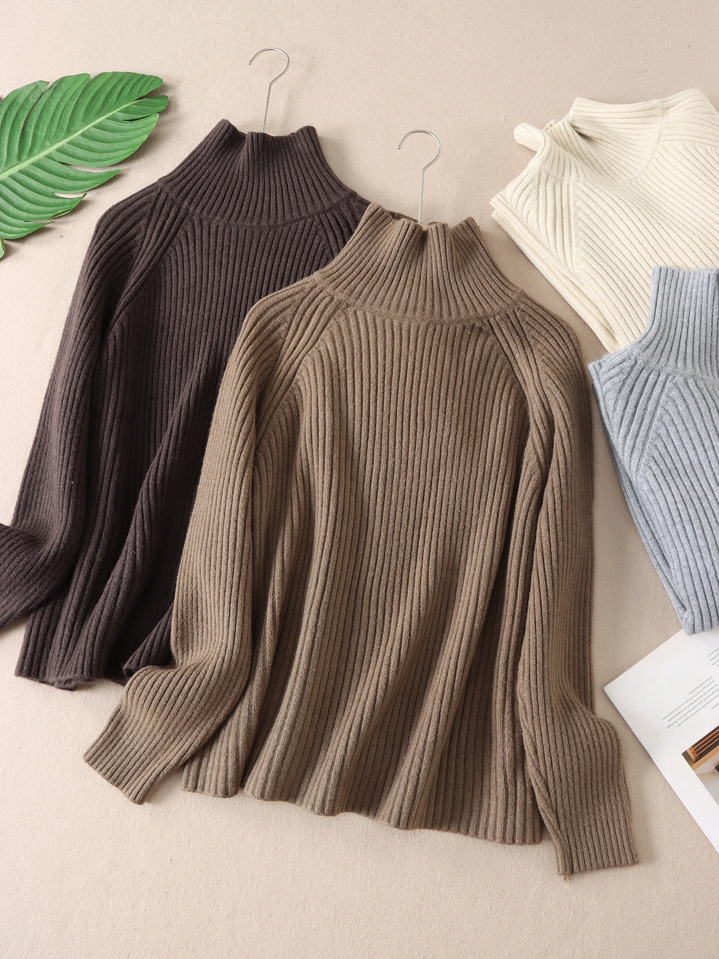 

Ele Thiened High Collar Knitted Sweater Women's Winter Warm Vertical Stripe Overhead Top Soft French Sle Loose Fit