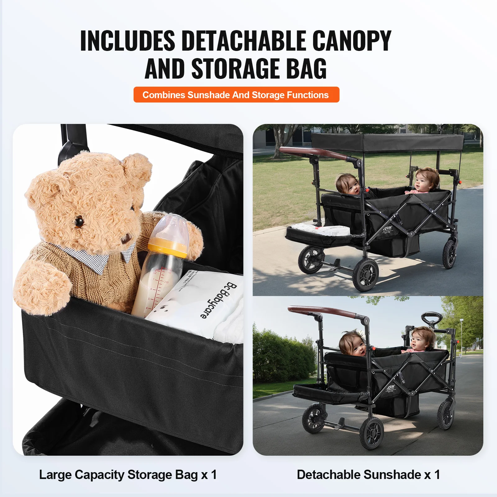 VEVOR Wagon Stroller for 2 Kids Push Pull Quad Collapsible Stroller with Adjustable Handle Encircling Harness Removable Canopy