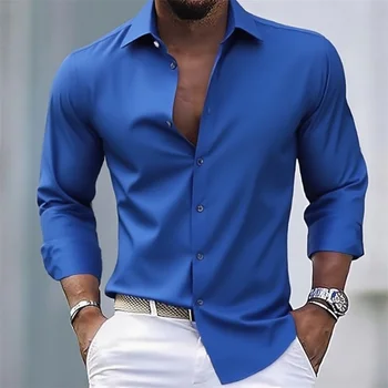 Solid Color Men's Casual White Shirt, Fashionable Casual Long Sleeve Stretch Fabric, Business Formal Shirt, Comfortable Fabric 3