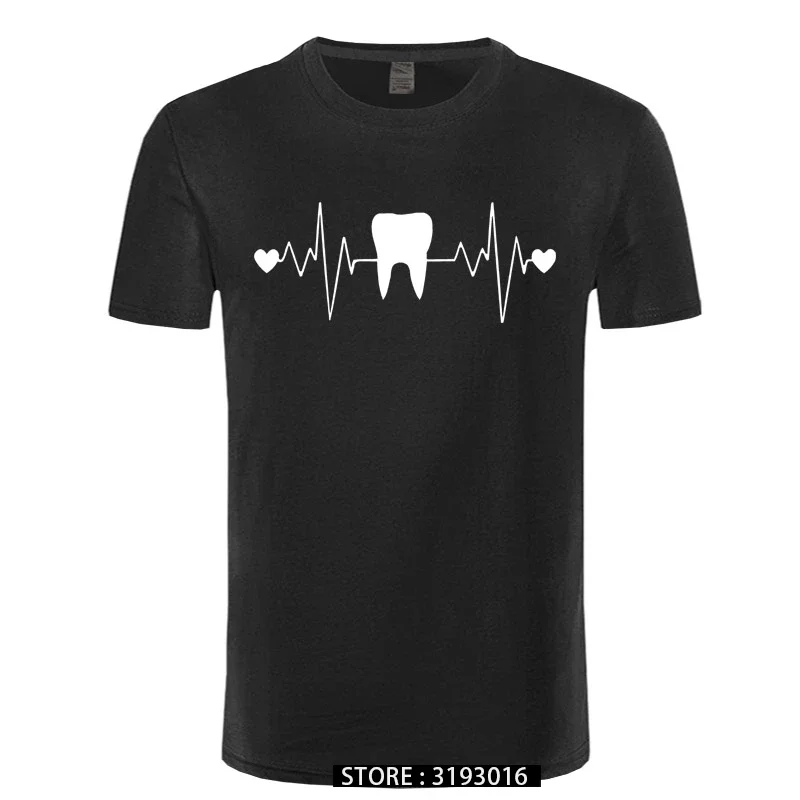 Funny Tooth Teeth Dentist Heartbeat T-shirt Men Cotton short Sleeve T Shirt Hip Hop Tees Tops Harraajuku Streetweaarr Fitness