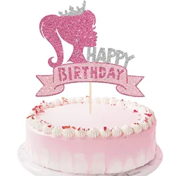 Cute Pink Princess Barbie Cake Insertion Card Girls Happy Birthday Party Decoration Cake Topper Baby Shower Supplies Kids Gifts