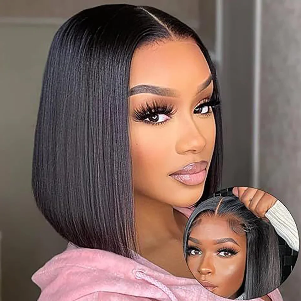 Kilovly 13X4 HD Lace Front Wig Short Straight Bob Lace Wig Brazilian Remy Human Hair For Black Women  180% Density Natural Color