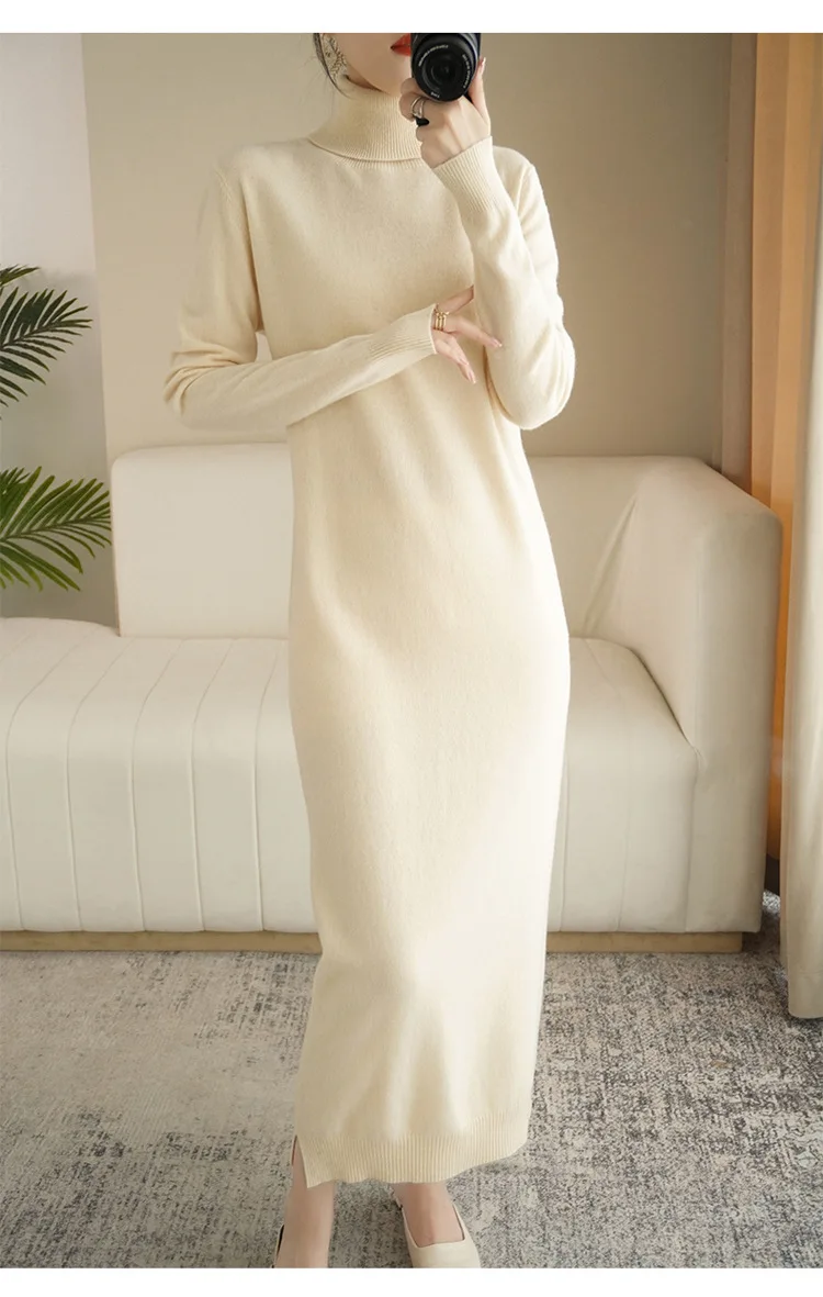 Fengbaoyu Autumn and Winter 100% Cashmere Dress for Women with Turtleneck Wool Knit Base Slimming Long Dress Elegant Comfortable