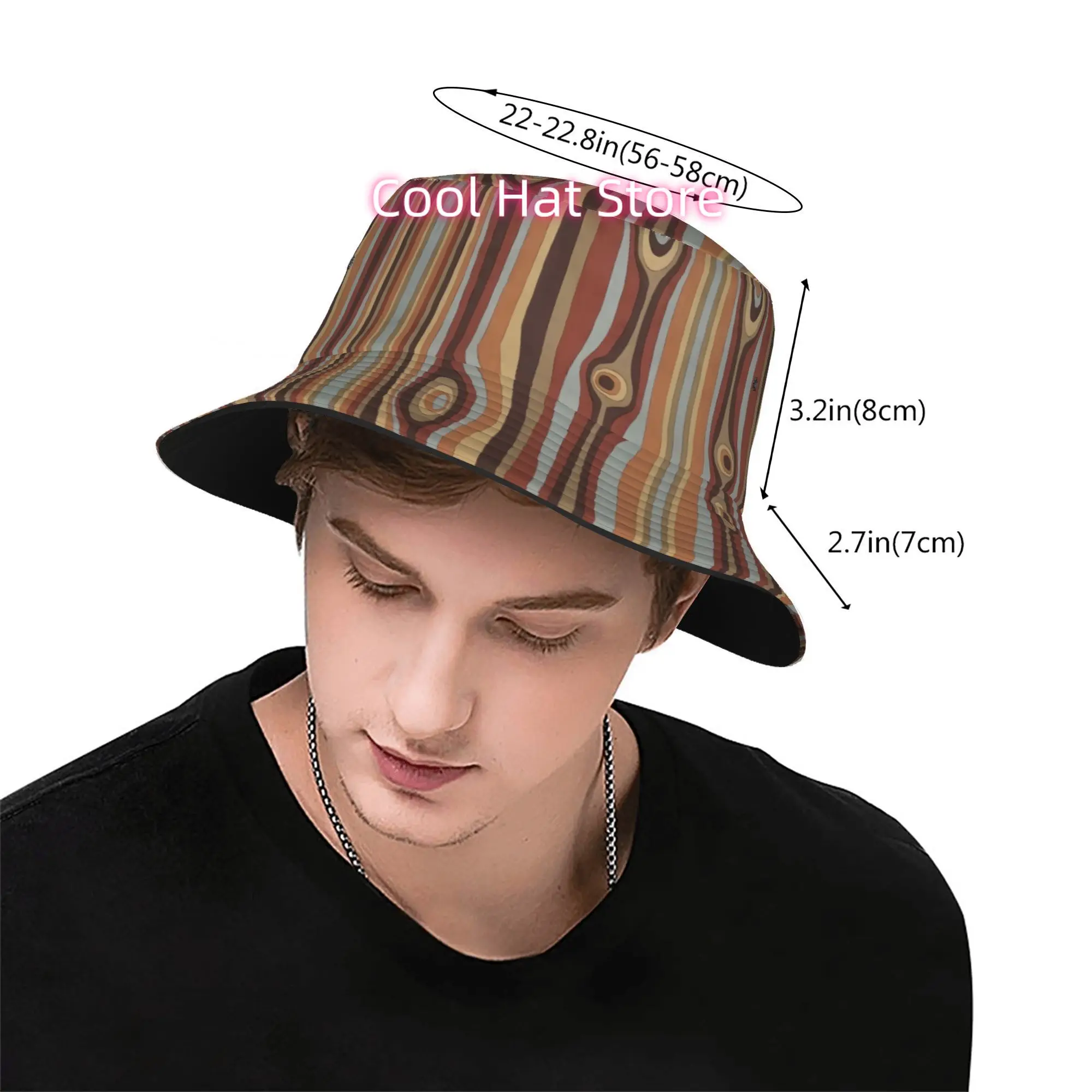 1pc Retro Wood Grain Striped Pattern Fully Printed Fisherman Hat Beach Hat, Unisex Outdoor Sun Hat, Sun Hat, Fashionable Bucket