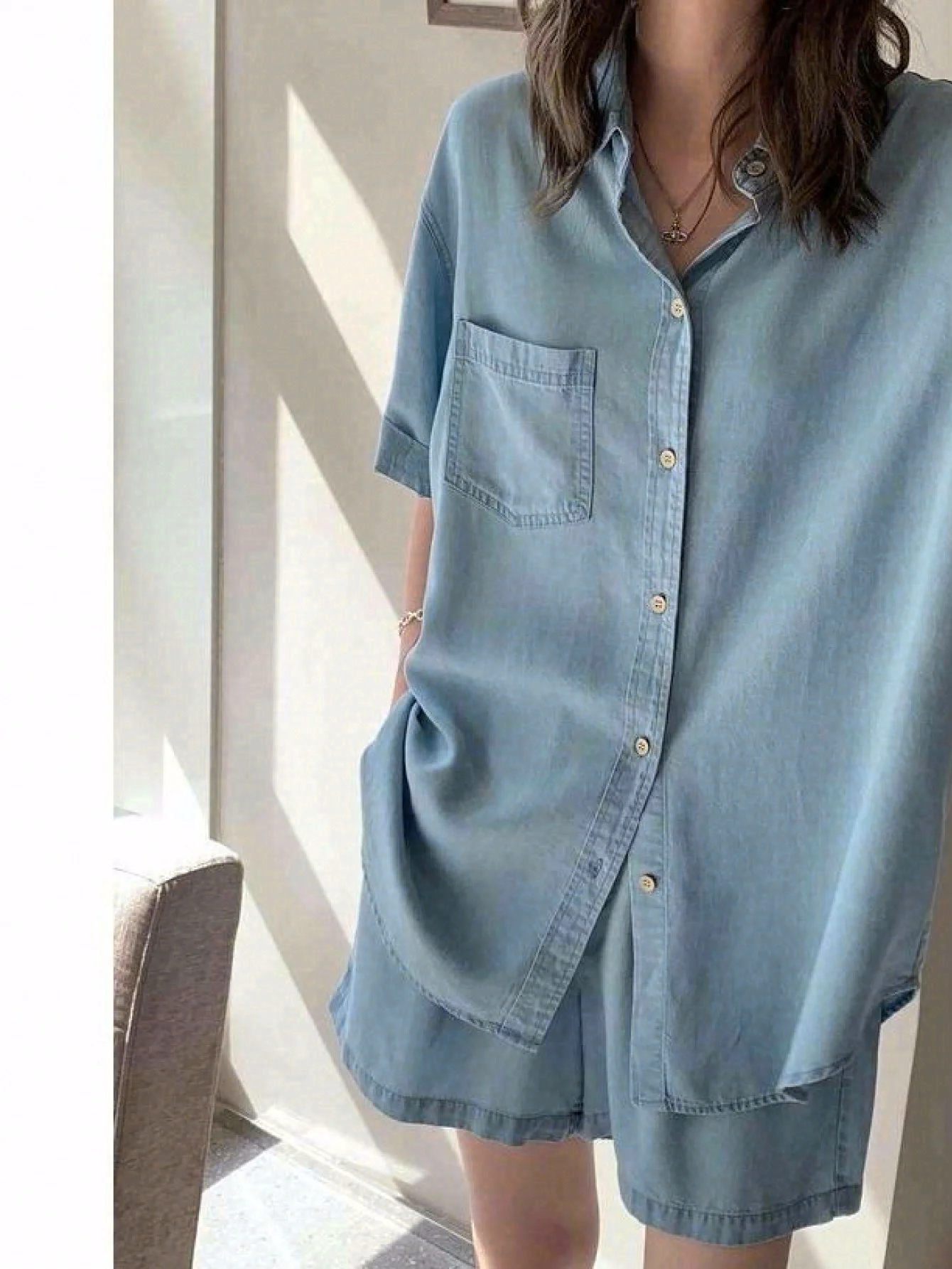 Short-Sleeved Shirt Wide-Leg Shorts Two-Piece Set Women's 2026 Summer Loose