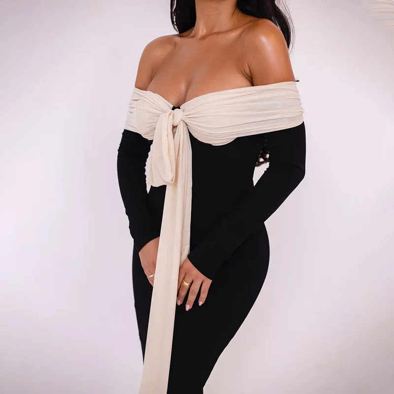 

Color Blocked Strap One Shoulder Strapless Slim Fit Dress Autumn New Bow Tie Long Dress