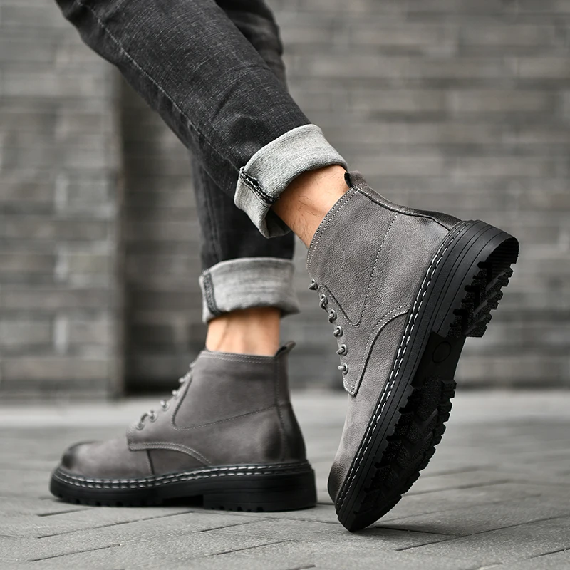 Men High Top Boots PU Thick Sole Solid Color Classic Comfortable Large Size Men Boots 38-48