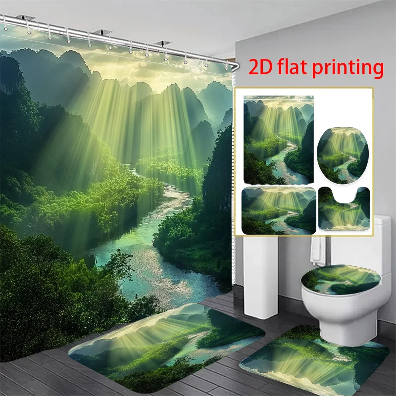 

4pcs 2D flat printing Shower Curtain Bathroom Set Sunbeams Over Lush Green Valley. Bathroom Non slip Decoration Home Decor Gif
