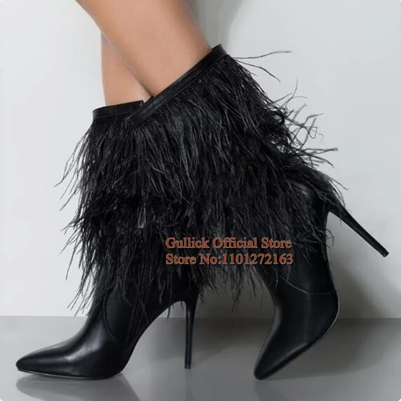 أحذية بيضاء من الريش بمقدمة مدببة وكعب ستيليتو من الجلد باللون الأسود والأبيض وسحاب جانبي أحذية حديثة لمنتصف الساق