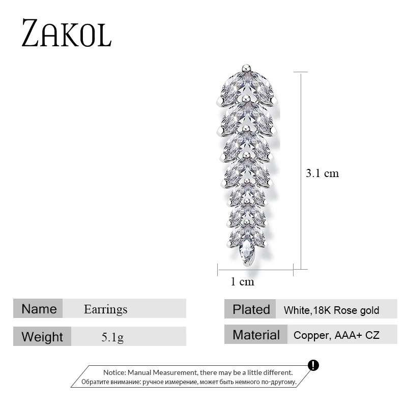 ZAKOL Fashion Cubic Zircon Leaf Pendant Earrings For Women Wedding Party Jewelry Gift EP040