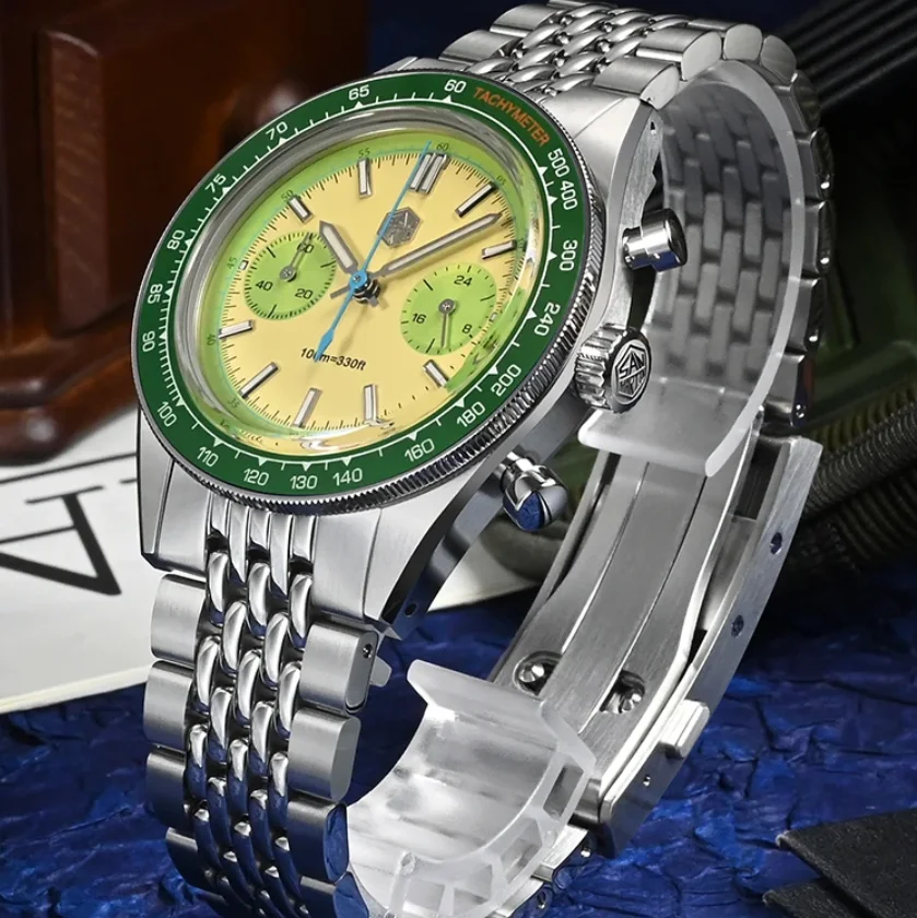 

Мужские часы San Martin с хронографом, 39,5 мм, кварцевые наручные часы с пандой, 10 атм, водонепроницаемые, с сапфировым стеклом, светящиеся VK64