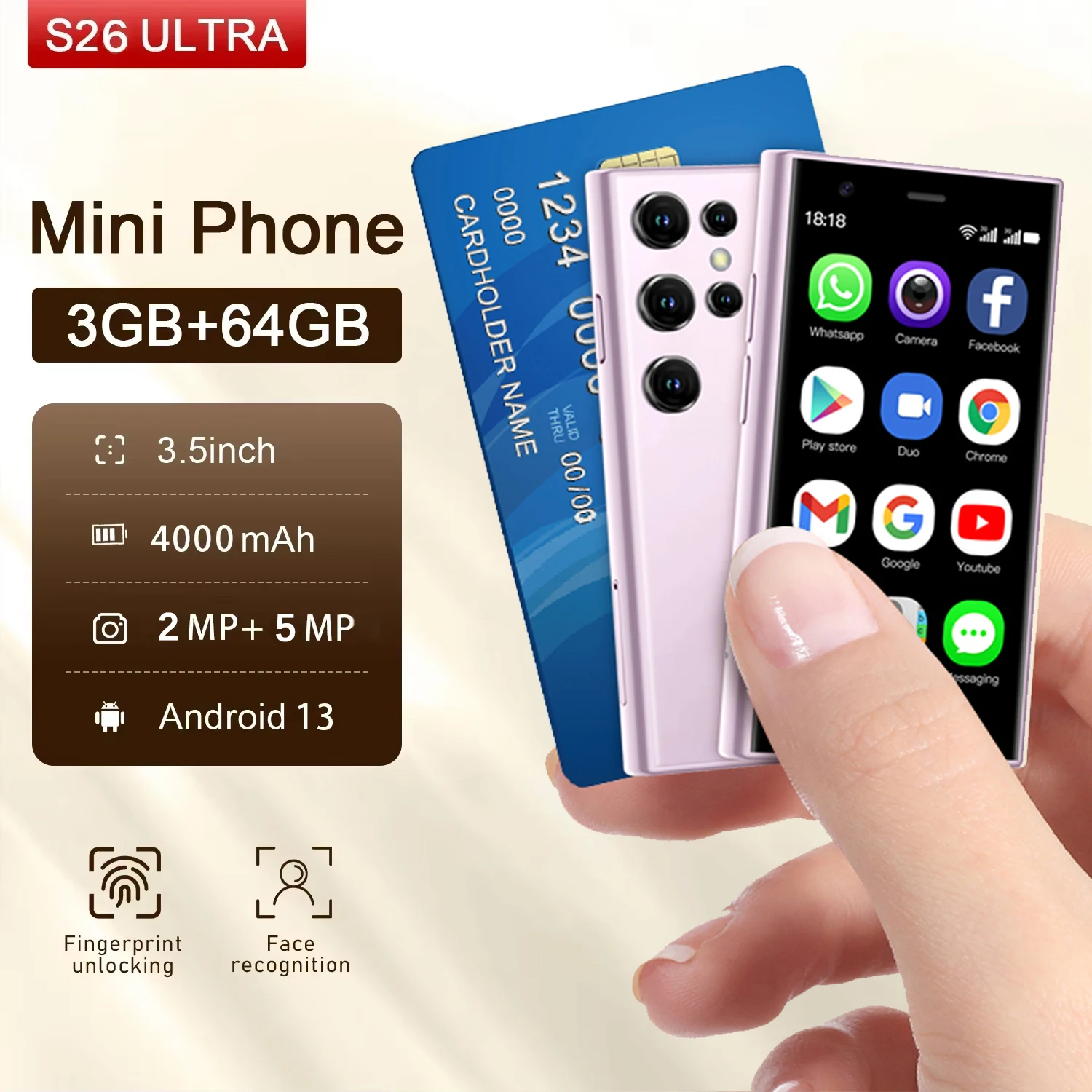 S26 Ultra Mini Smartphone with Face Unlock, Android OS 13, Google Store, 4000mAh, Small Smartphones, Latest Update, 4G