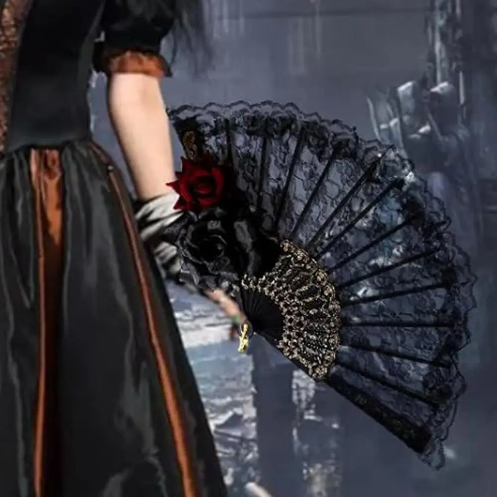

Floral Lace Foldable Fan Vintage Lace Folding Fan with Black Rose Flower European Cosplay Tea Party Hand Held Fan for Women
