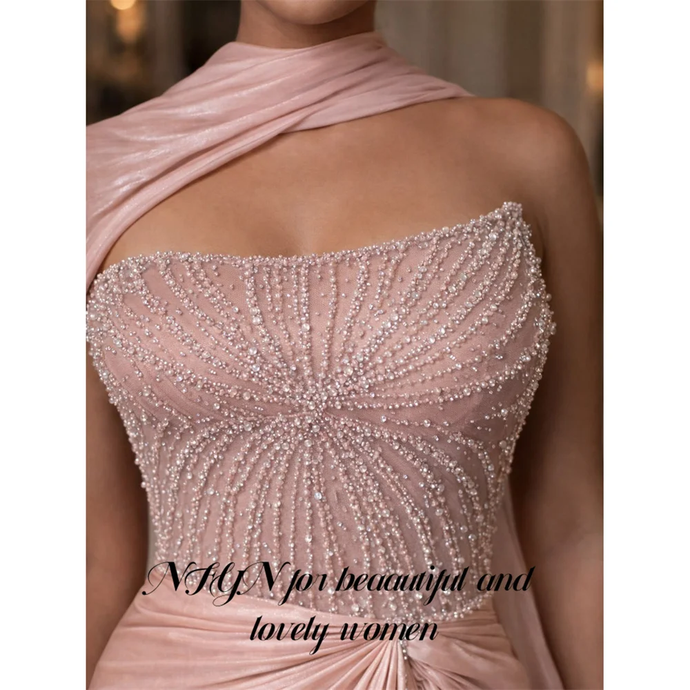 NFYN Pink Prom Dresses Strapless Draped Neck Scarf Evening Dress Beading On Chest Party Dress Slim Fit Robe De Soirée Customized