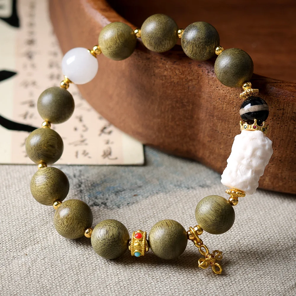 Original Design Green Agarwood Single-Strand Bracelet Antique Root-Style Pendant Green Tara Tianshan Jade Chinese-Style Bracelet