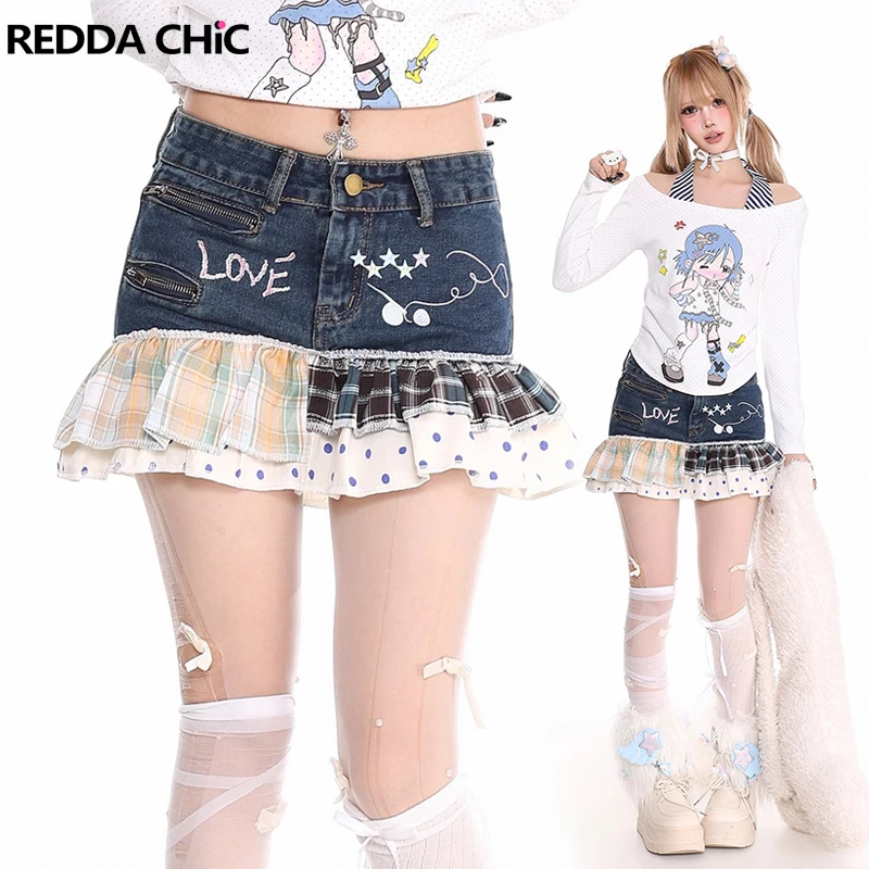 

REDDACHiC Low Waist Ruffled Jean Shorts Polka Dots Plaid Contrast Mini Cake Denim Skirt Pants 2-In-1 Skorts Y2k Women Bottoms