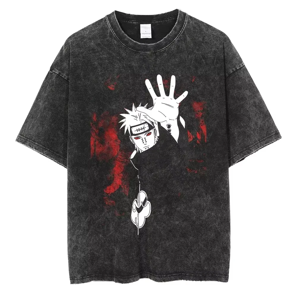 

Pain Anime Naruto Washed T-shirt Retro Hip-hop Pure Cotton Men's Old Street Wear Oversized Women's Short-sleeved Unisex Top Y2k